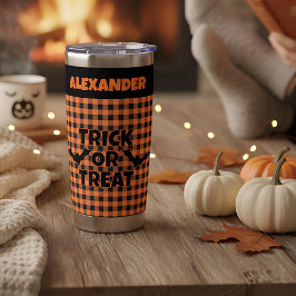 Halloween Trick or Treat Oranje & Zwarte Plaid Naa Geïsoleerde Drinkbeker