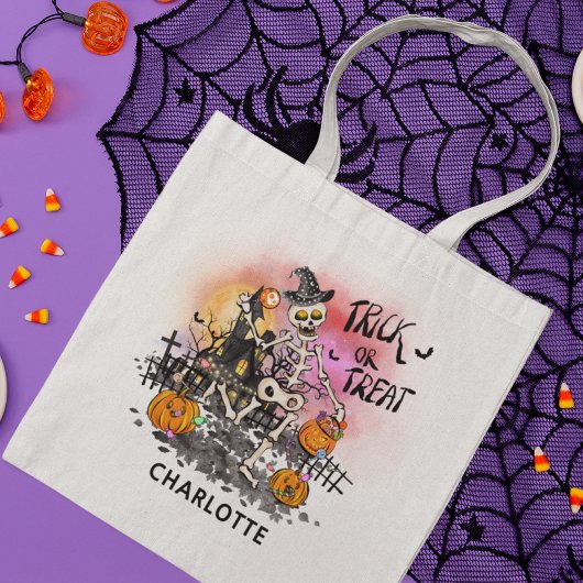 Halloween Trick or treat Skeleton Snoep Naam Tote Bag