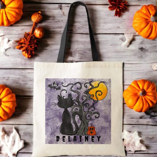 Halloween Trick or treat Zwart Kat Vleermuis Naam Tote Bag