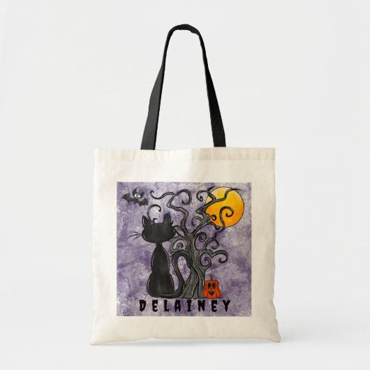 Halloween Trick or treat Zwart Kat Vleermuis Naam Tote Bag (Voorkant)
