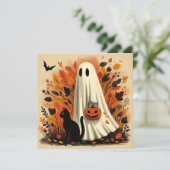 Halloween Trick or Treaten Geest en Zwarte Kat Kaart (Staand voorkant)