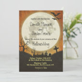 Halloween trouwuitnodiging in sinaasappel met maan kaart (Staand voorkant)