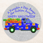 Halloween Truck Pumpkin Day Keeps Goblins Away Ronde Kartonnen Onderzetter (Voorkant)