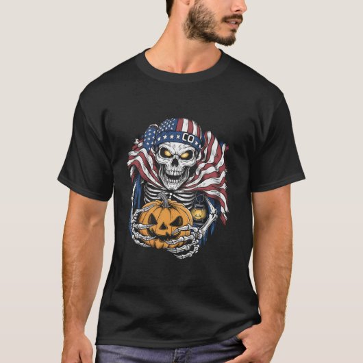 Halloween Tshirt Skull Amerikaanse Vlag Enge Horro (Voorkant)