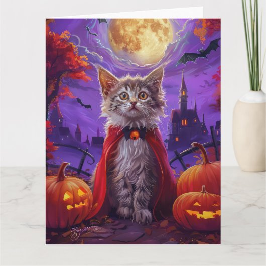 Halloween Turkse Angora Kat Vampier Pompoen eng Kaart (Voorkant)