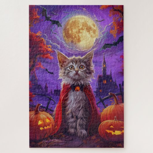 Halloween Turkse Angora Kat Vampier Pompoen eng Legpuzzel (Verticaal)