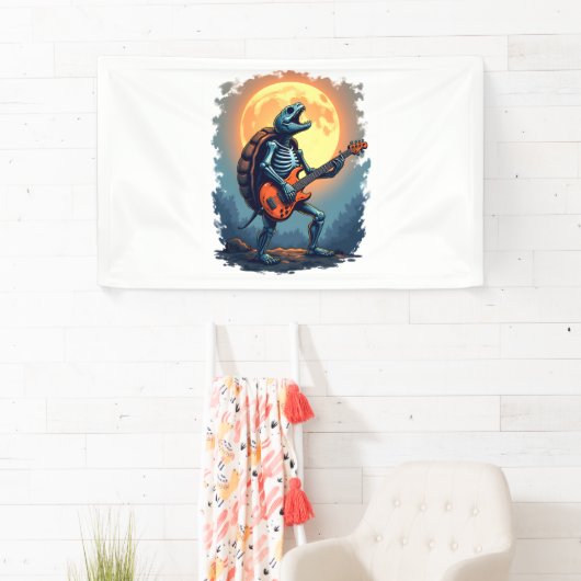 Halloween Turtle Skeleton Rocker T-shirt voor Musi Spandoek (Insitu)