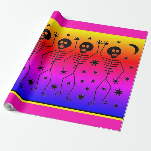 HALLOWEEN TUSSEN RAINBOW DANCING SKELETONS CADEAUPAPIER (Uitgerold)