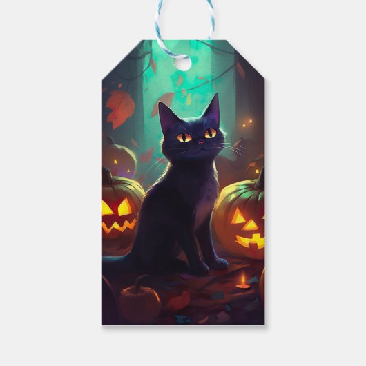 Halloween Tuxedo Cat met pompoenen eng Cadeaulabel (Voorkant)