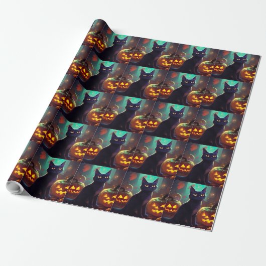 Halloween Tuxedo Cat met pompoenen eng Cadeaupapier (Uitgerold)