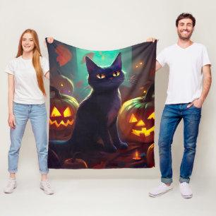 Halloween Tuxedo Cat met pompoenen eng Fleece Deken