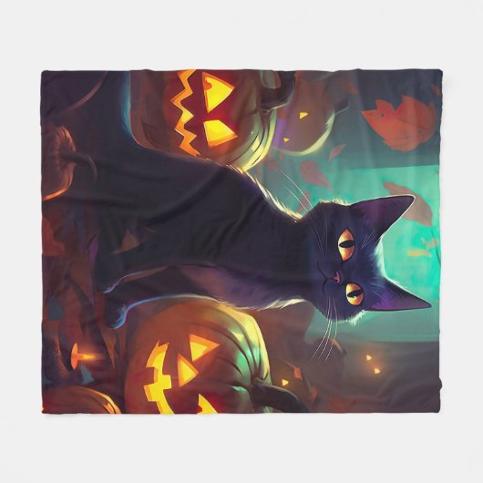 Halloween Tuxedo Cat met pompoenen eng Fleece Deken (Voorkant (Horizontaal))