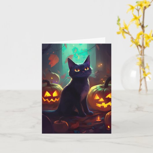 Halloween Tuxedo Cat met pompoenen eng Kaart (Gele Bloem)