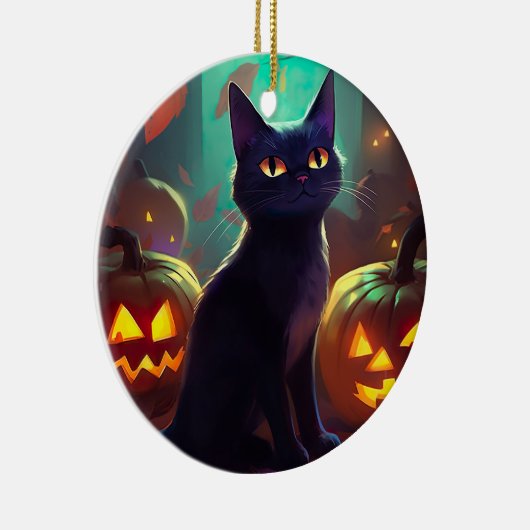 Halloween Tuxedo Cat met pompoenen eng Keramisch Ornament (Rechts)
