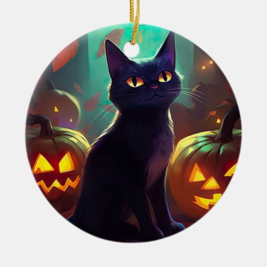 Halloween Tuxedo Cat met pompoenen eng Keramisch Ornament (Voorkant)