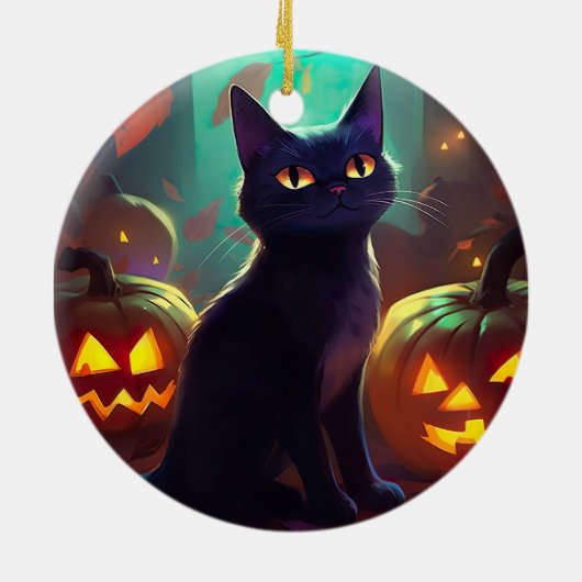 Halloween Tuxedo Cat met pompoenen eng Keramisch Ornament (Achterkant)