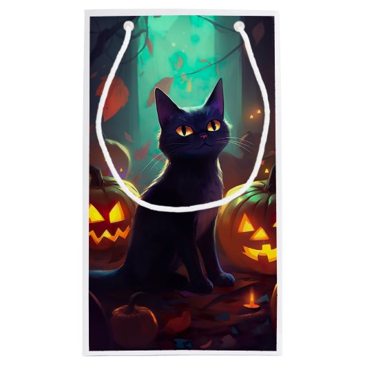 Halloween Tuxedo Cat met pompoenen eng Klein Cadeauzakje (Achterkant)