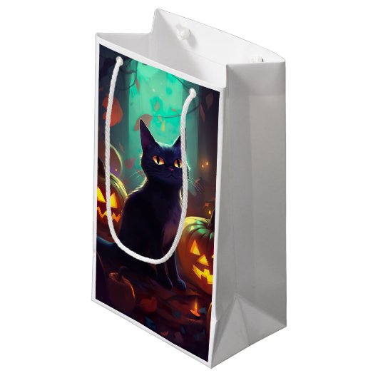 Halloween Tuxedo Cat met pompoenen eng Klein Cadeauzakje (Voorkant Gekanteld)