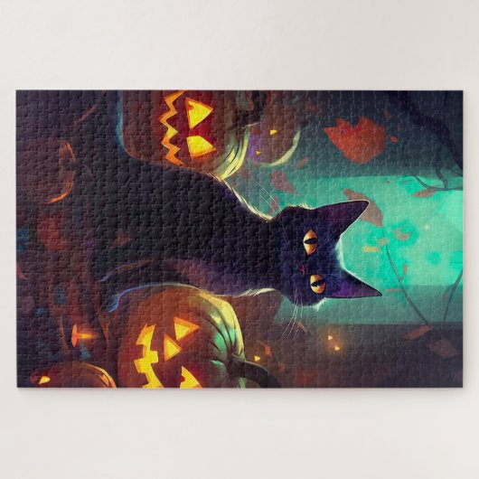 Halloween Tuxedo Cat met pompoenen eng Legpuzzel (Horizontaal)