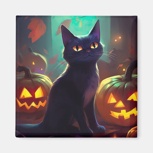 Halloween Tuxedo Cat met pompoenen eng Magneet (Voorkant)