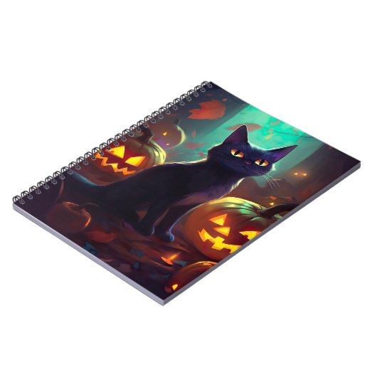 Halloween Tuxedo Cat met pompoenen eng Notitieboek (Linkerzijde)