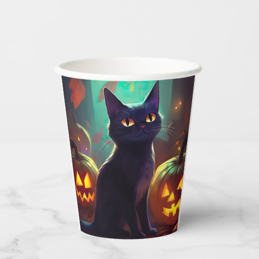 Halloween Tuxedo Cat met pompoenen eng Papieren Bekers (Voorkant)