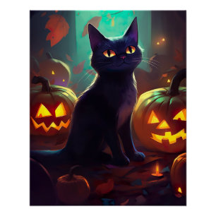 Halloween Tuxedo Cat met pompoenen eng Perfect Poster
