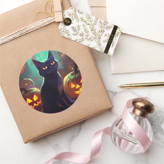 Halloween Tuxedo Cat met pompoenen eng Ronde Sticker (Geschenken)