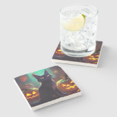 Halloween Tuxedo Cat met pompoenen eng Stenen Onderzetter (Zijkant)