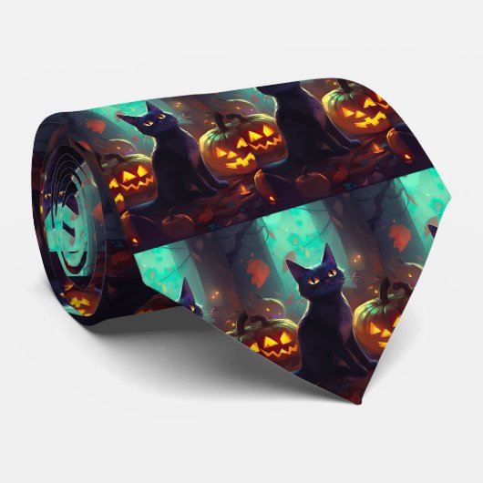 Halloween Tuxedo Cat met pompoenen eng Stropdas (Opgerold)
