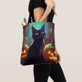 Halloween Tuxedo Cat met pompoenen eng Tote Bag (Dichtbij)