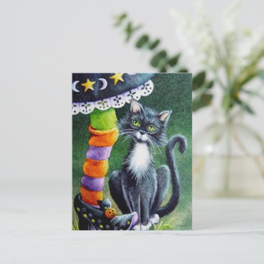Halloween Tuxedo Cat & Witch Waterverf Art Briefkaart (Staand voorkant)