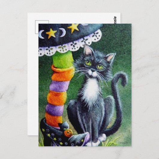 Halloween Tuxedo Cat & Witch Waterverf Art Briefkaart (Voorkant / Achterkant)