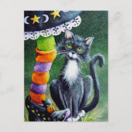 Halloween Tuxedo Cat & Witch Waterverf Art Briefkaart