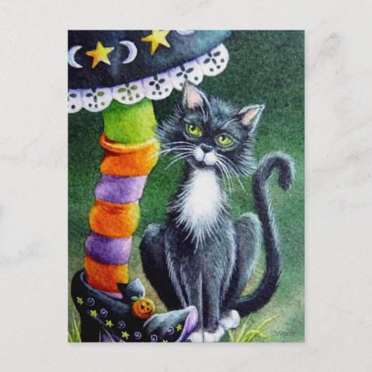 Halloween Tuxedo Cat & Witch Waterverf Art Briefkaart (Voorkant)
