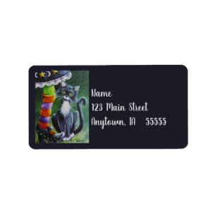 Halloween Tuxedo Cat & Witch Waterverf Art Etiket