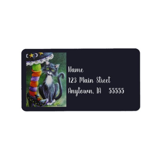 Halloween Tuxedo Cat & Witch Waterverf Art Etiket (Voorkant)