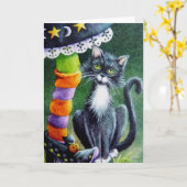 Halloween Tuxedo Cat & Witch Waterverf Art Kaart (Gele Bloem)
