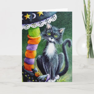 Halloween Tuxedo Cat & Witch Waterverf Art Kaart