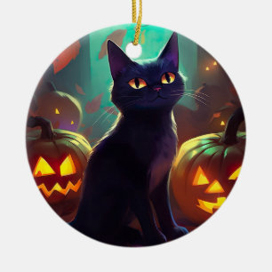 Halloween Tuxedo Kat Met Pompoenen Eng Keramisch Ornament