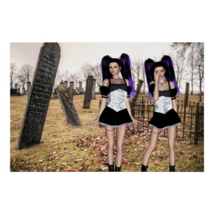 Halloween tweeling gothmeisjes op de begraafplaats perfect poster