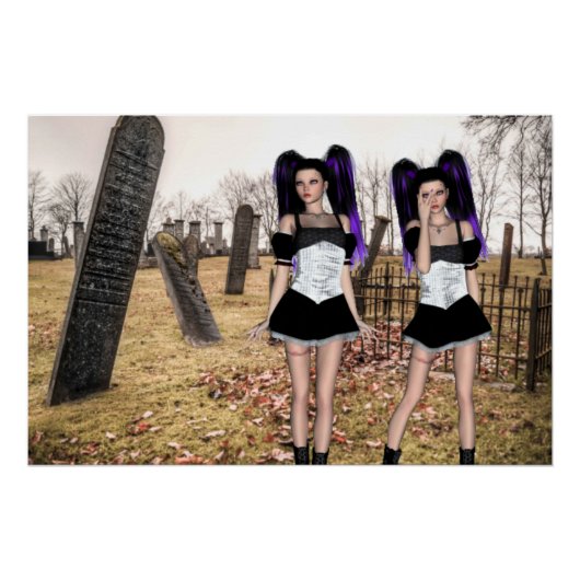 Halloween tweeling gothmeisjes op de begraafplaats perfect poster (Voorkant)