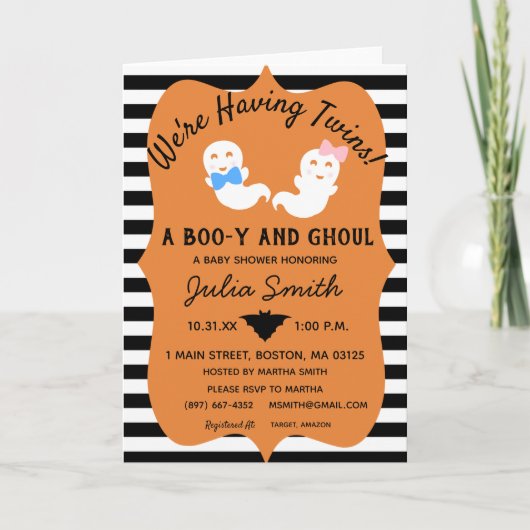 Halloween Twin Gender onthullen Invite Boo-y of Gh Bedankkaart (Voorkant)