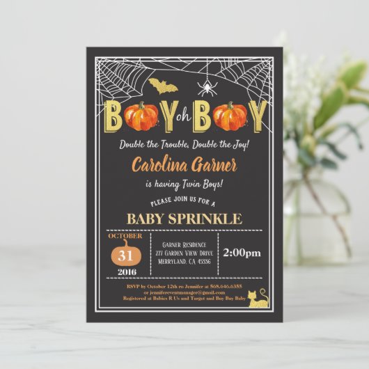 Halloween twins baby jongen sprinkhaanpumpkin gold kaart (Staand voorkant)