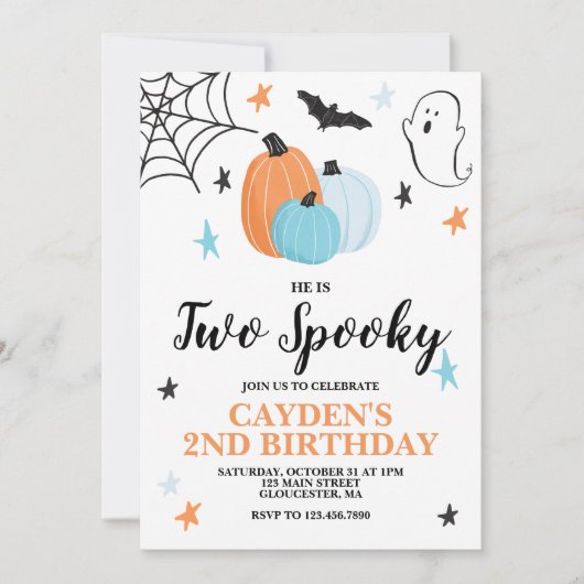 Halloween TWO Spooky 2nd Birthday Blue pomkins in Kaart (Voorkant)