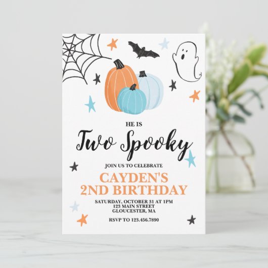 Halloween TWO Spooky 2nd Birthday Blue pomkins in Kaart (Staand voorkant)