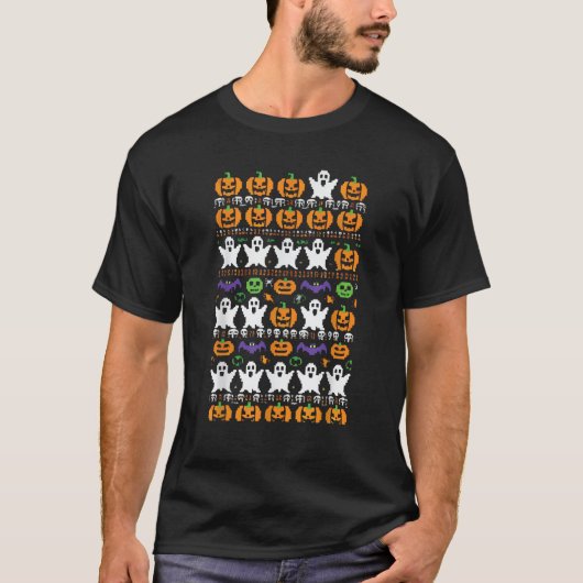 Halloween Ugly Sweater Pixel Ghost Pattern Spooky T-shirt (Voorkant)