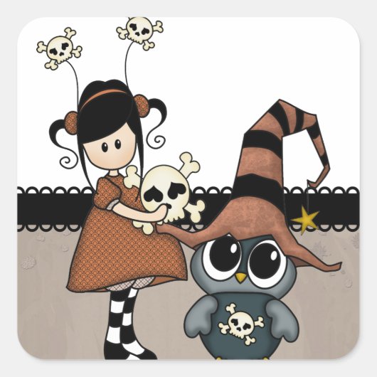 Halloween Uil & Meisje met Schedels, Schattige! Vierkante Sticker (Voorkant)