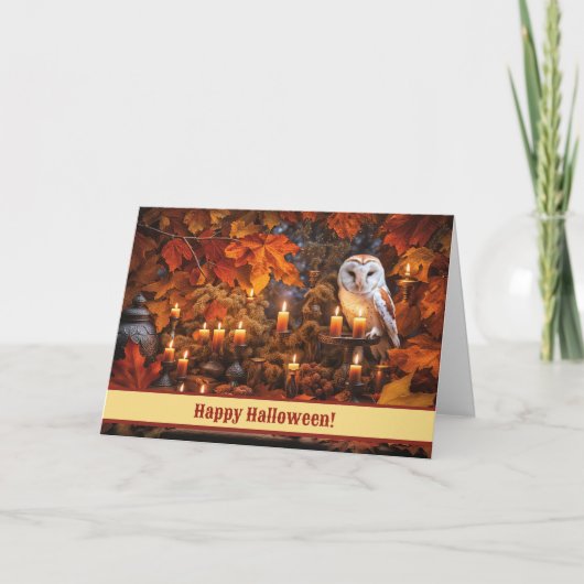 Halloween Uil met kaarsen en Herfst gebladerte Kaart (Voorkant)