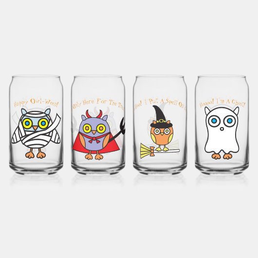 Halloween Uilen Drinkware Set van 4 Blikvorm Glas (Voorkant)